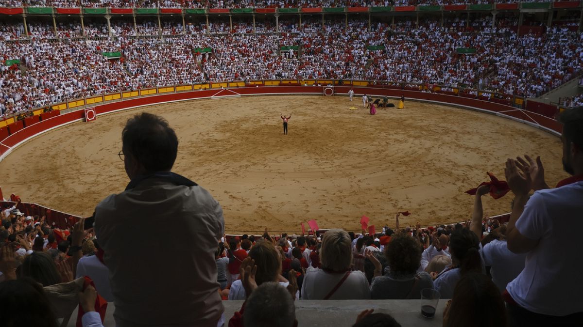 A horseback bullfight at San Fermin Fiestas in Pamplona, northern Spain, Saturday, July 6, 2023.