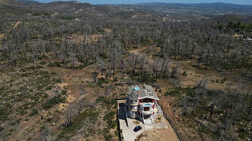 Une maison est vue devant une forêt qui a été brûlée lors d'un incendie de forêt en août 2021, dans le village d'Ippokratios Politia, à environ 35 kilomètres au nord d'Athènes, le 23 août 2024.