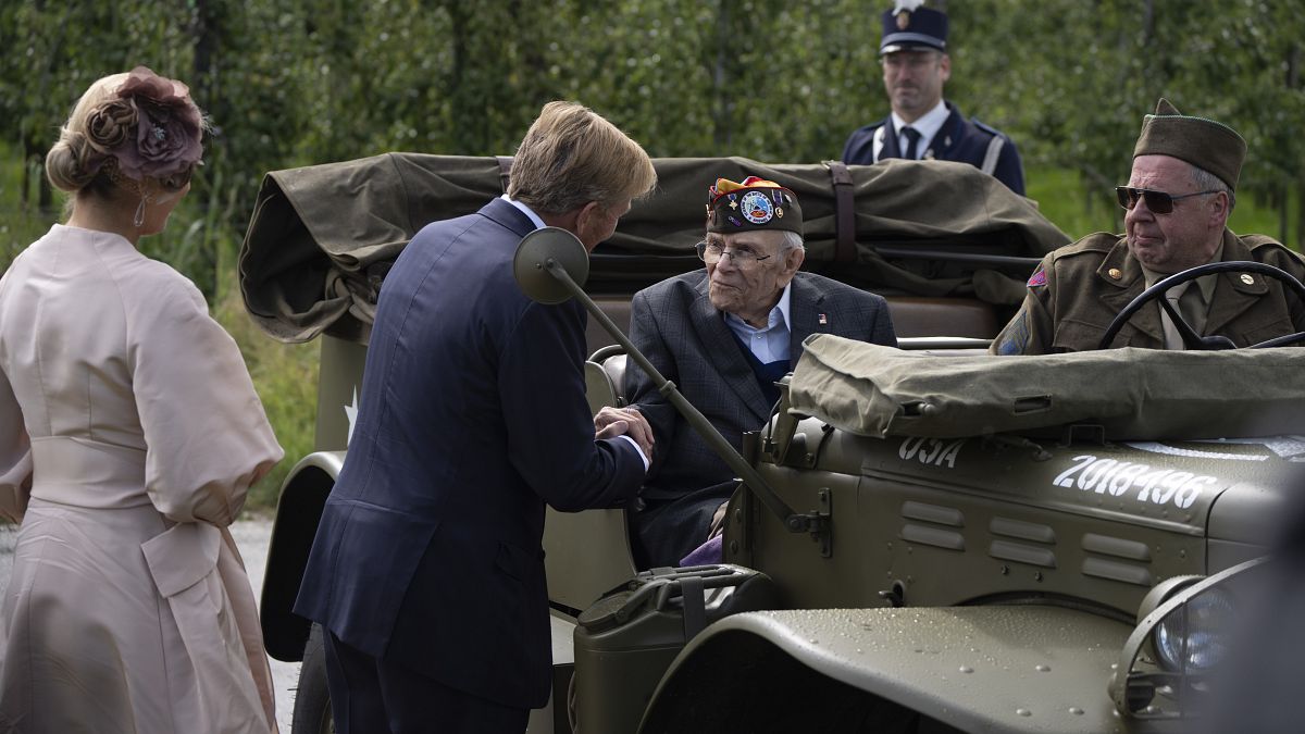 WWII veteran Kenneth Thayer is greeted by Dutch King Willem-Alexander and Queen Maxima on the 80th anniversary of the liberation of the Netherlands, September 12, 2024