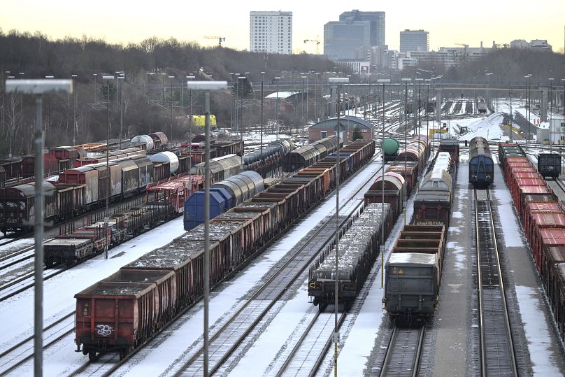 Des wagons de marchandises sont stationnés sur les voies de la gare de triage de Munich Nord, le 22 janvier 2024