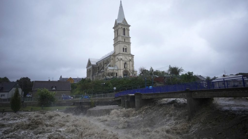 The Bela River flows past a church during floods in Mikulovice, Czech Republic, Saturday, Sept. 14, 2024