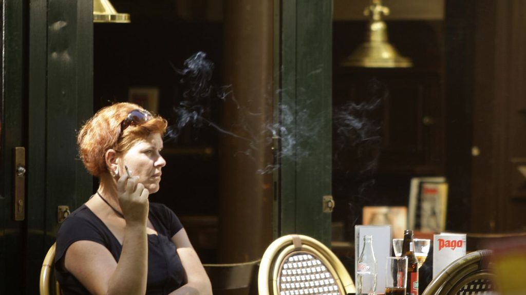 A woman smokes outside a bar in central Amsterdam, the Netherlands, Tuesday, July 1, 2008.