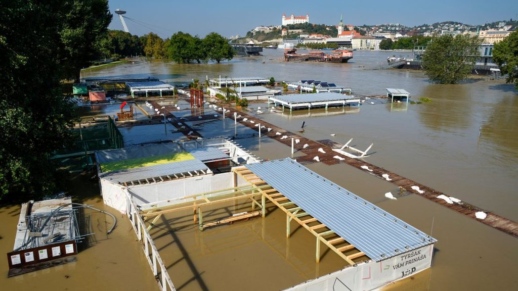 A view of a flooded area near the Danube river in Bratislava, Slovakia.