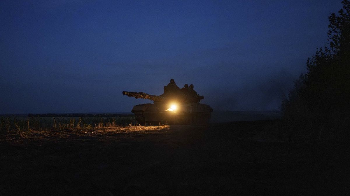 A Ukrainian tank of 110th brigade ride in the field as he returns from a position at the frontline on Pokrovsk direction, Donetsk region, Ukraine.