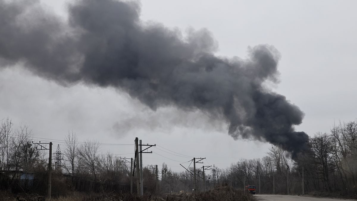 Smoke rises from an energy facility after a Russian attack in Kharkiv in March.