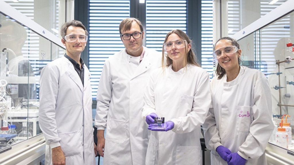 From left to right, researchers Paulius Baronas, Kasper Moth-Poulsen, Helen Hölzel and Lorette Fernandez at Universitat Politècnica de Catalunya (UPC)