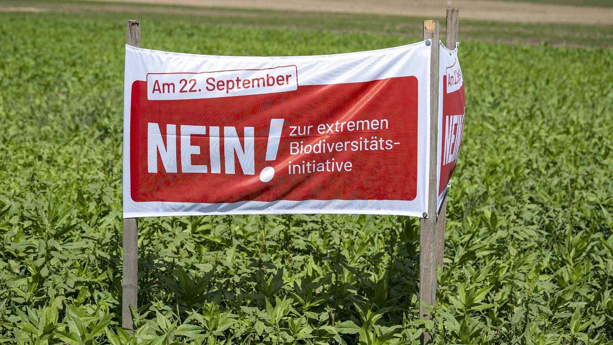 A poster for the No campaign ahead of a biodiversity referendum due to take place on Sept. 22, is seen in a field in Hoechstetten, Switzerland, Friday, Aug. 23, 2024