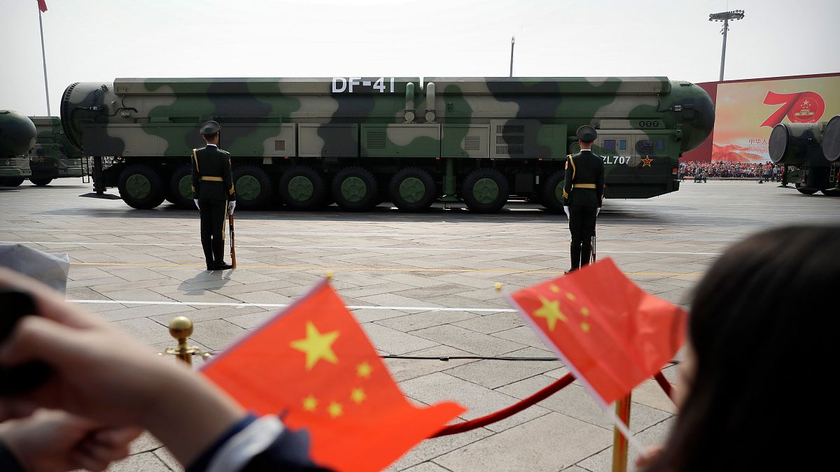 Military vehicles carrying DF-41 nuclear ballistic missiles at a parade to commemorate the 70th anniversary of the founding of Communist China, 2019.