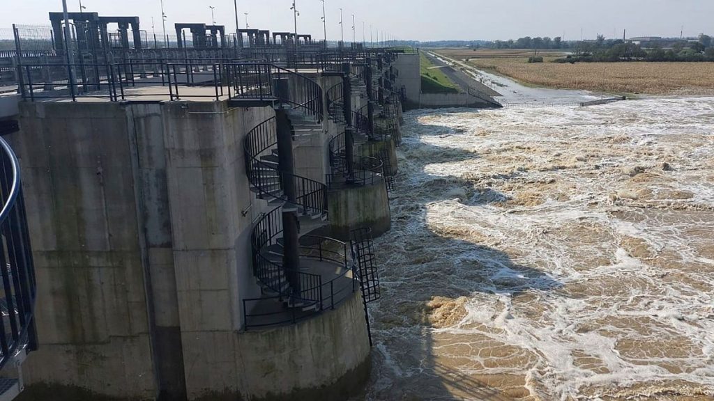 Oder River flood waters channelled into and contained by the newly-built Lower Raciborz Reservoir that has spared the cities of Opole and Wroclaw from flooding, 23 Sept. 2024.