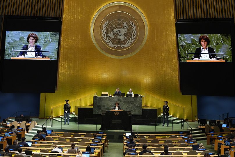 Gordana Siljanovska Davkova, présidente de la Macédoine du Nord, s'adresse à la 79e session de l'Assemblée générale des Nations Unies, le 26 septembre 2024