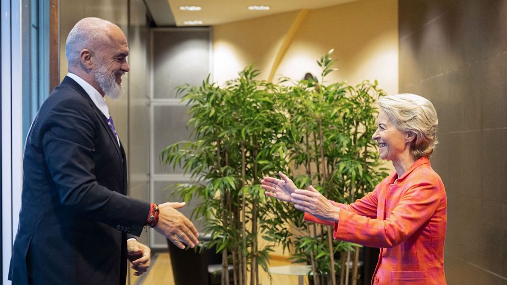 Albanian Prime Minister Edi Rama, left, and EU Commission President Ursula von der Leyen