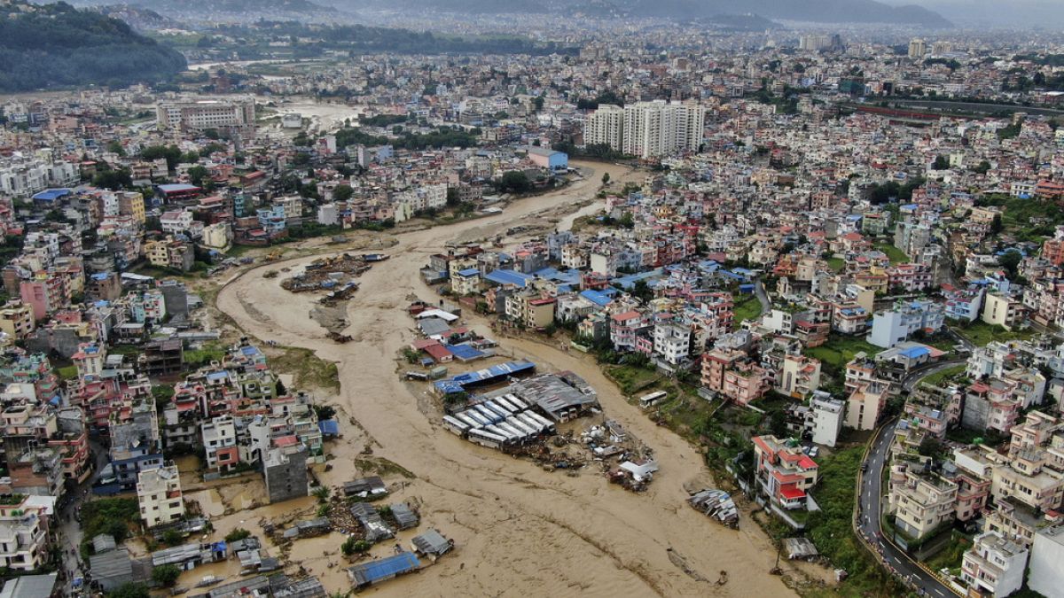 Aerial image of the Kathmandu valley, Bagmati River is seen flooded due to heavy rains in Kathmandu, Nepal, Saturday, Sept. 28, 2024.