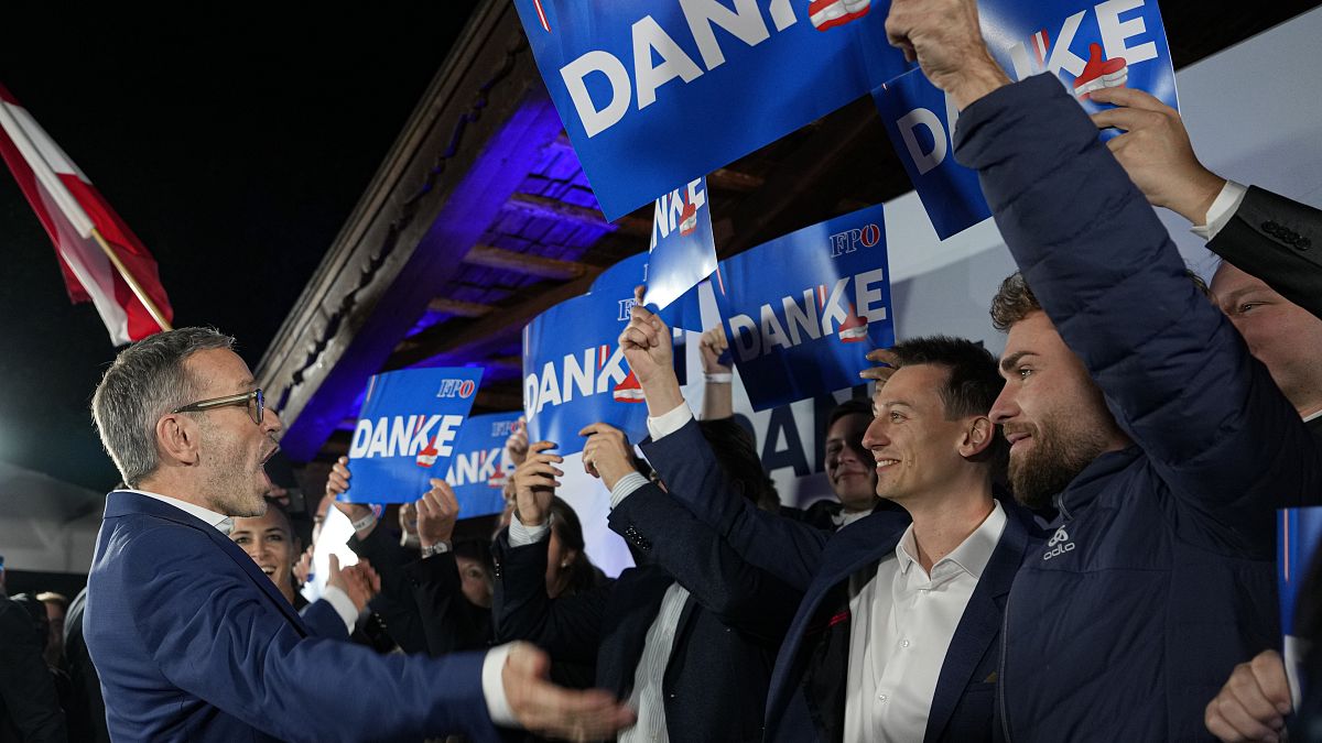 Leader of the Freedom Party of Austria, Herbert Kickl, cheers with supporters in Vienna, September 29, 2024