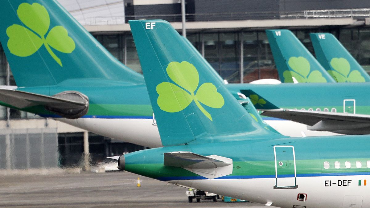 Aer Lingus Airbus A320 plane lands at Dublin airport, Ireland. 17 Jan. 2015.