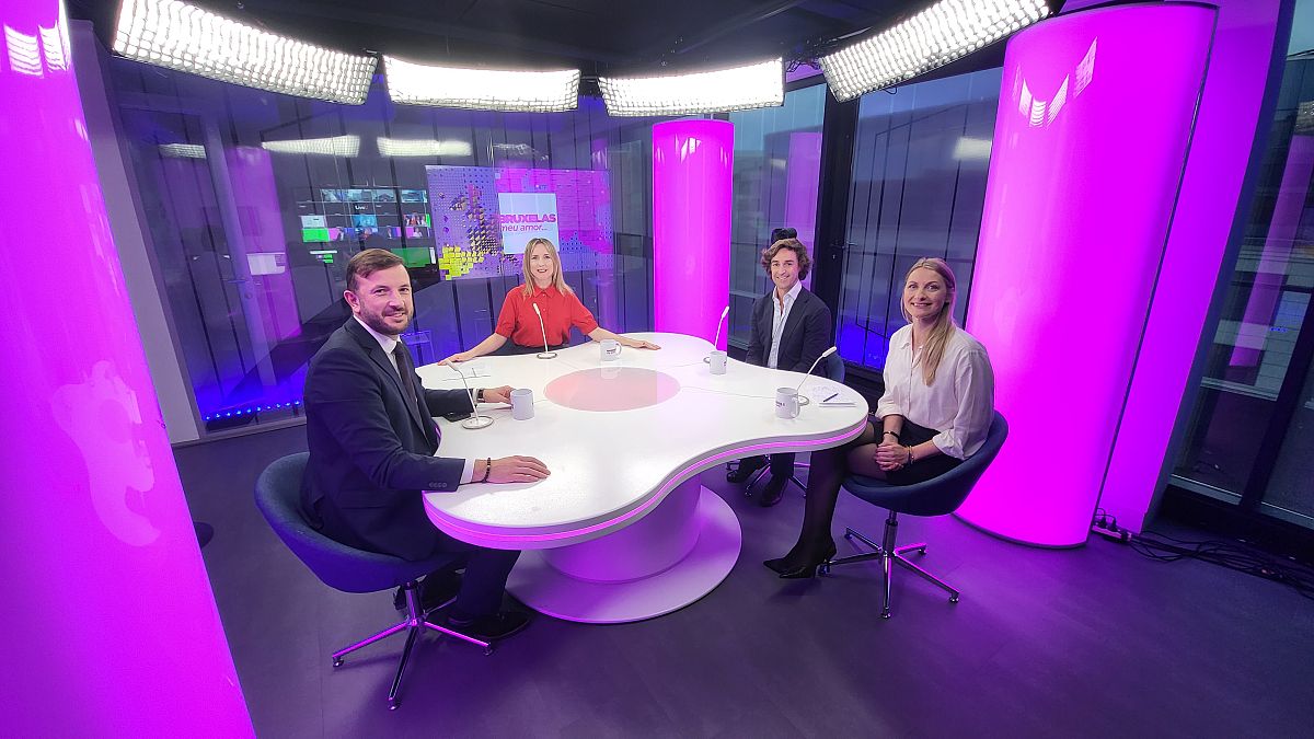 Host Méabh Mc Mahon with Virginijus Sinkevičius, Maria Martisiute and Matthew Robinson