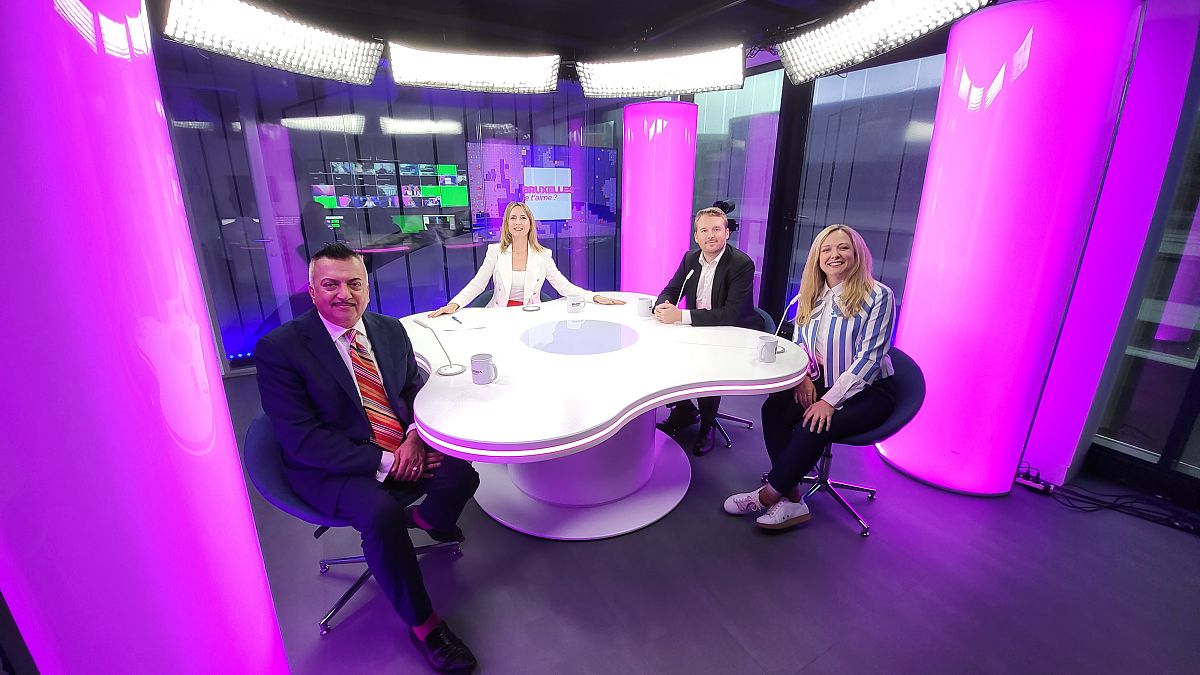 Host Méabh Mc Mahon with Dharmendra Kanani, Connor Allen and Alva Finn