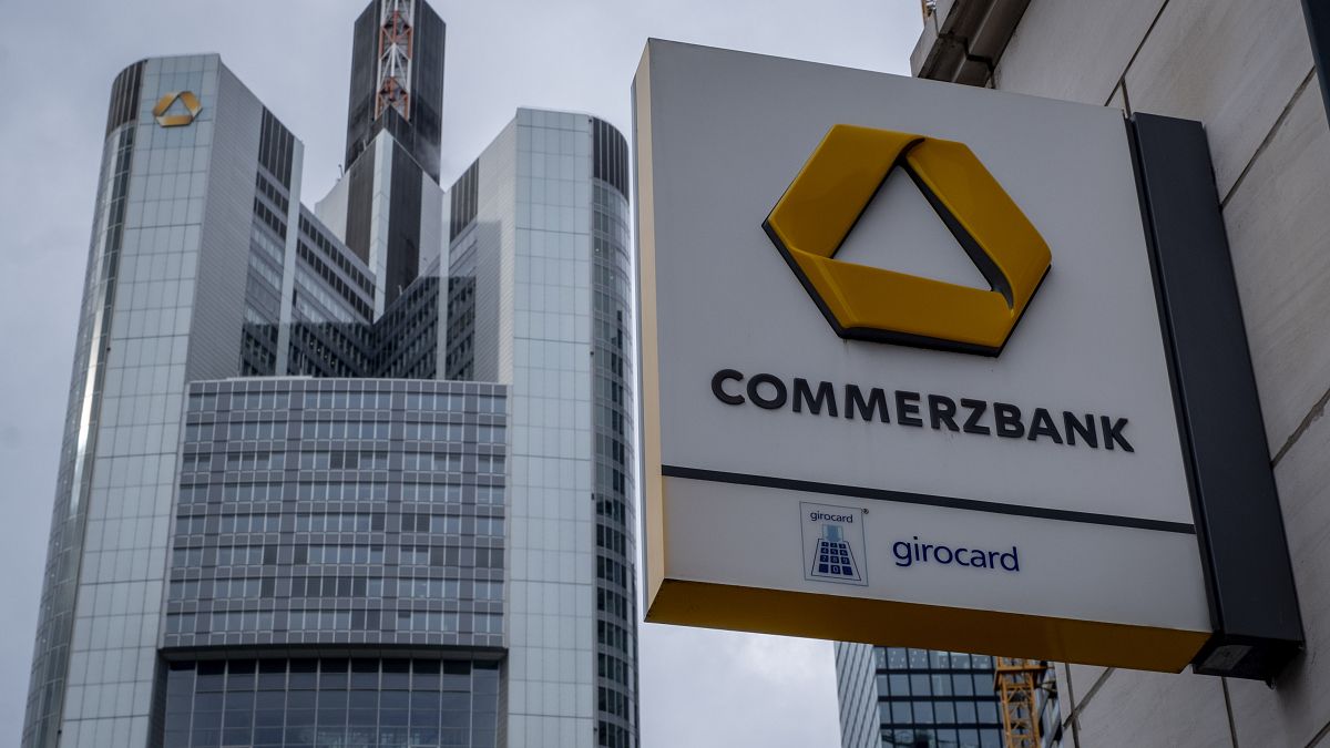 A Commerzbank logo is pictured in front of the bank