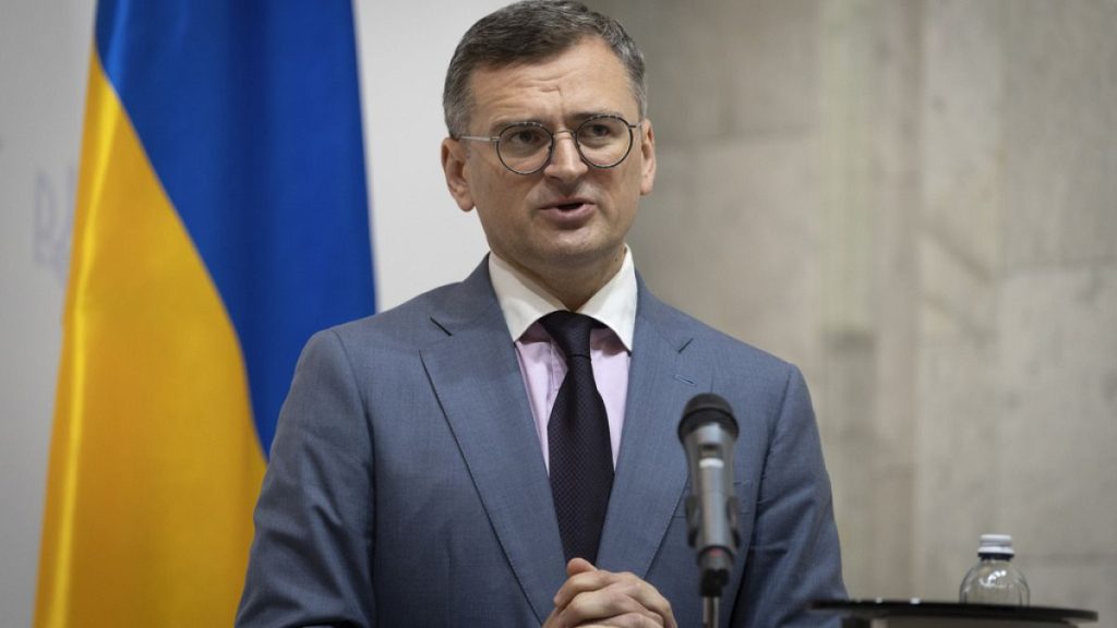 Ukrainian Foreign Minister Dmytro Kuleba speaks during joint press conference with German Foreign Minister Annalena Baerbock in Kyiv, Ukraine, May 21, 2024.