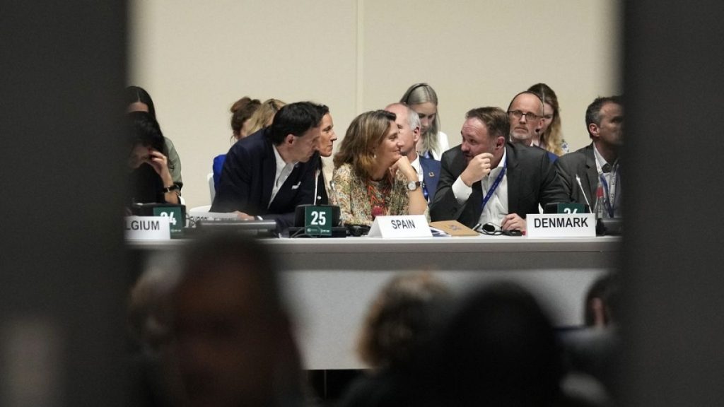 Wopke Hoekstra (L), Teressa Ribera and Dan Jorgensen at the COP28 summit in Dubai last year. The trio is now set to lead the EU