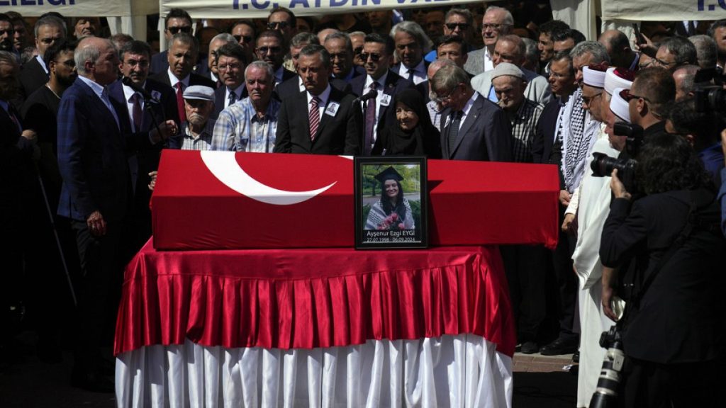 People attend funeral prayers for Aysenur Ezgi Eygi, a 26 year-old Turkish-American activist killed by the Israeli military, outside the central mosque of Didim, Turkey, Satur