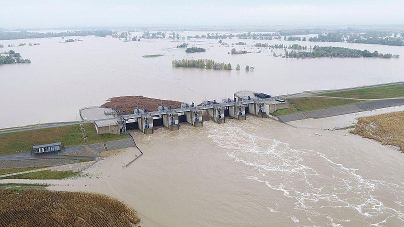 Les eaux de crue de l'Oder canalisées et contenues par le nouveau réservoir inférieur de Raciborz, qui a épargné les villes d'Opole et de Wroclaw des inondations, le 16 septembre 2024.