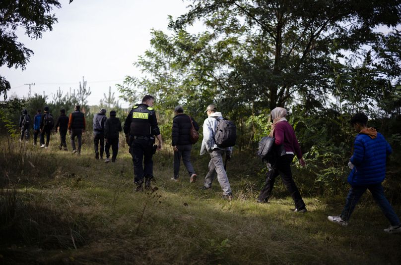 Un officier de la police fédérale escorte un groupe de migrants qui ont traversé illégalement la frontière entre la Pologne et l'Allemagne lors d'une patrouille dans une forêt près de Forst, au sud-est de Berlin, en Allemagne.