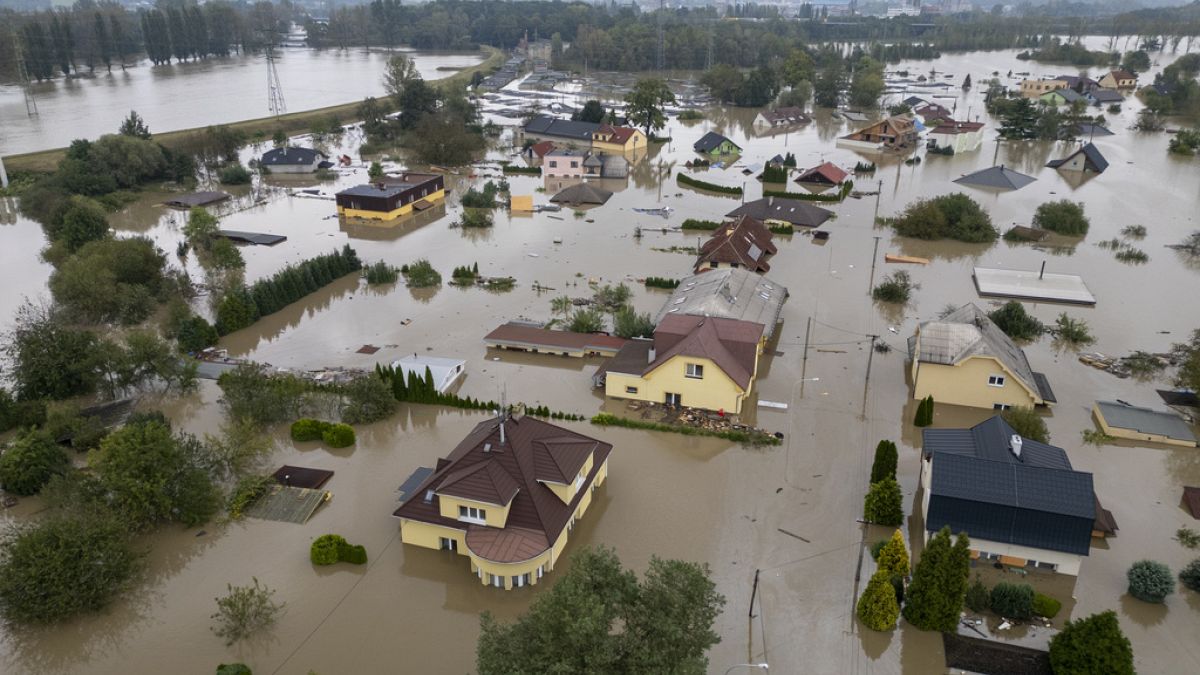 An aerial view of a flooded neighbourhood in Ostrava, Czech Republic, Monday, Sept. 16, 2024.