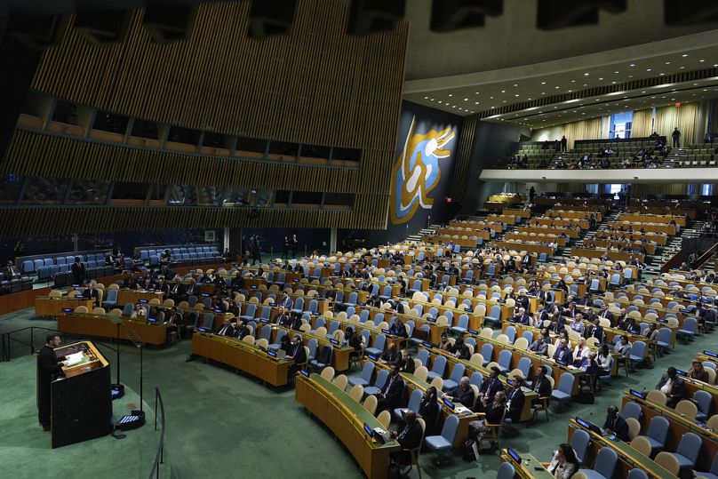 Le président ukrainien Volodymyr Zelenskyy s'adresse à la 79e session de l'Assemblée générale des Nations Unies, le mercredi 25 septembre 2024, au siège de l'ONU.