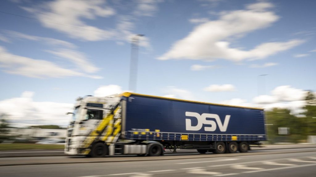 A truck drives outside the Logistics center of the transport company DSV in Hedehusene, Denmark. 12 September 2024.