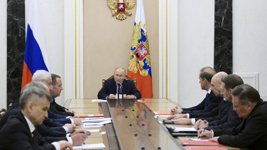 Russian President Vladimir Putin, center, speaks at the Security Council meeting on nuclear deterrence at the Kremlin at the Kremlin in Moscow, Russia, Wednesday, 2024.