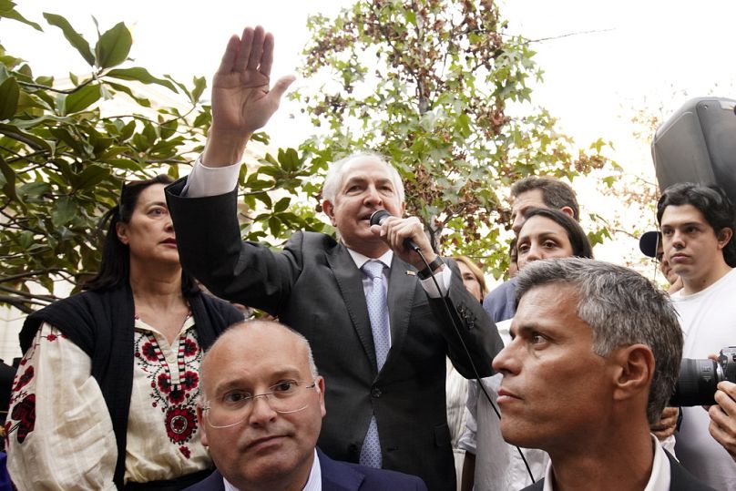 L'ancien maire de Caracas, Antonio Ledezma, s'exprime alors que les partisans d'Edmundo Gonzalez participent à une manifestation à Madrid, en Espagne, le mardi 10 septembre 2024.