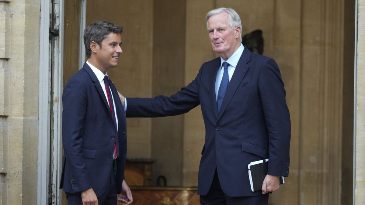 New French PM Michel Barnier and outgoing PM Gabriel Attal arrive for the handover ceremony. 5 September 2024.