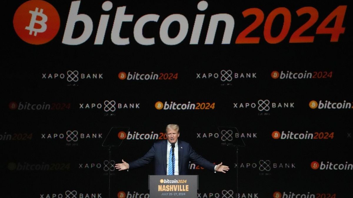 Republican presidential nominee former President Donald Trump speaks at the Bitcoin 2024 Conference in Nashville, US. 27 July 2024.