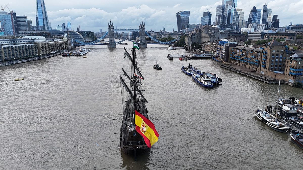 Arrival of the Andalusia Galleon in London on the River Thames.