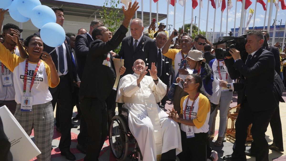 Pope Francis attends the meeting with young people in Centro de Convencoes in Dili, East Timor, Wednesday, Sept. 11, 2024