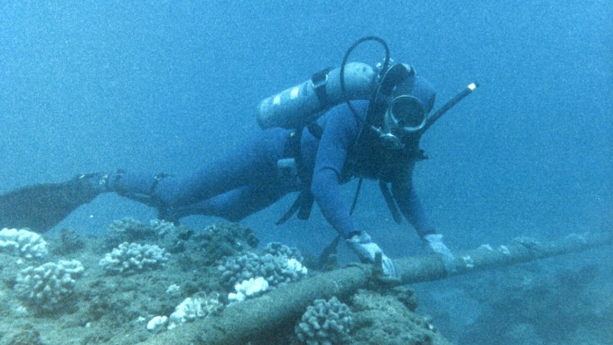 Diver checking underwater protection of cable at hydroacoustic station HA08 at the British Indian Ocean Territory (BIOT), U.K.