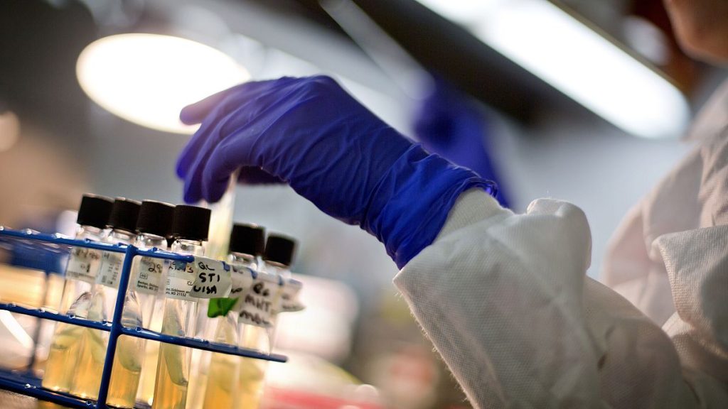 A microbiologist works with tubes of bacteria samples in a lab.