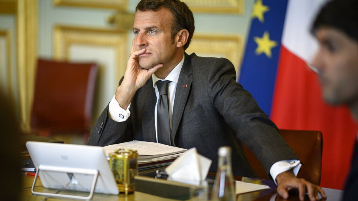 French President Emmanuel Macron attends a video European Council summit at the Elysee Palace in Paris, Friday, June 19, 2020.