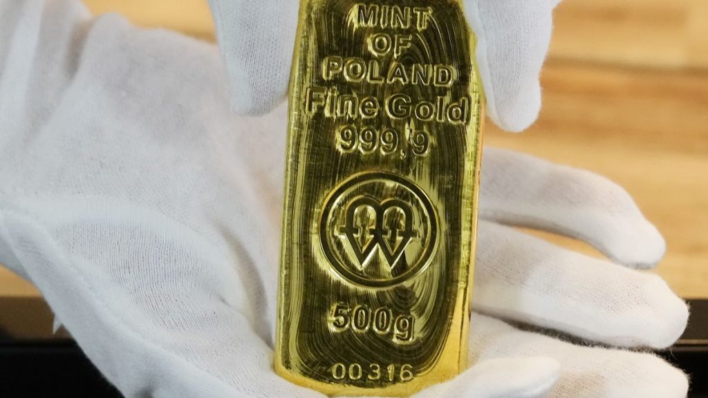 A 500-gram bar of gold is seen in Warsaw, Poland where Russia