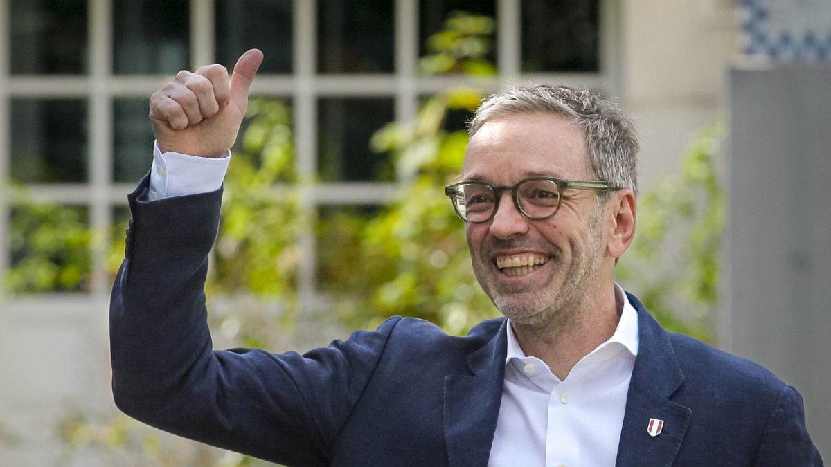 Herbert Kickl, leader of the Freedom Party of Austria gives a thumbs-up as he arrives at a polling station in Purkersdorf, Austria, Sunday, Sept. 29, 2024