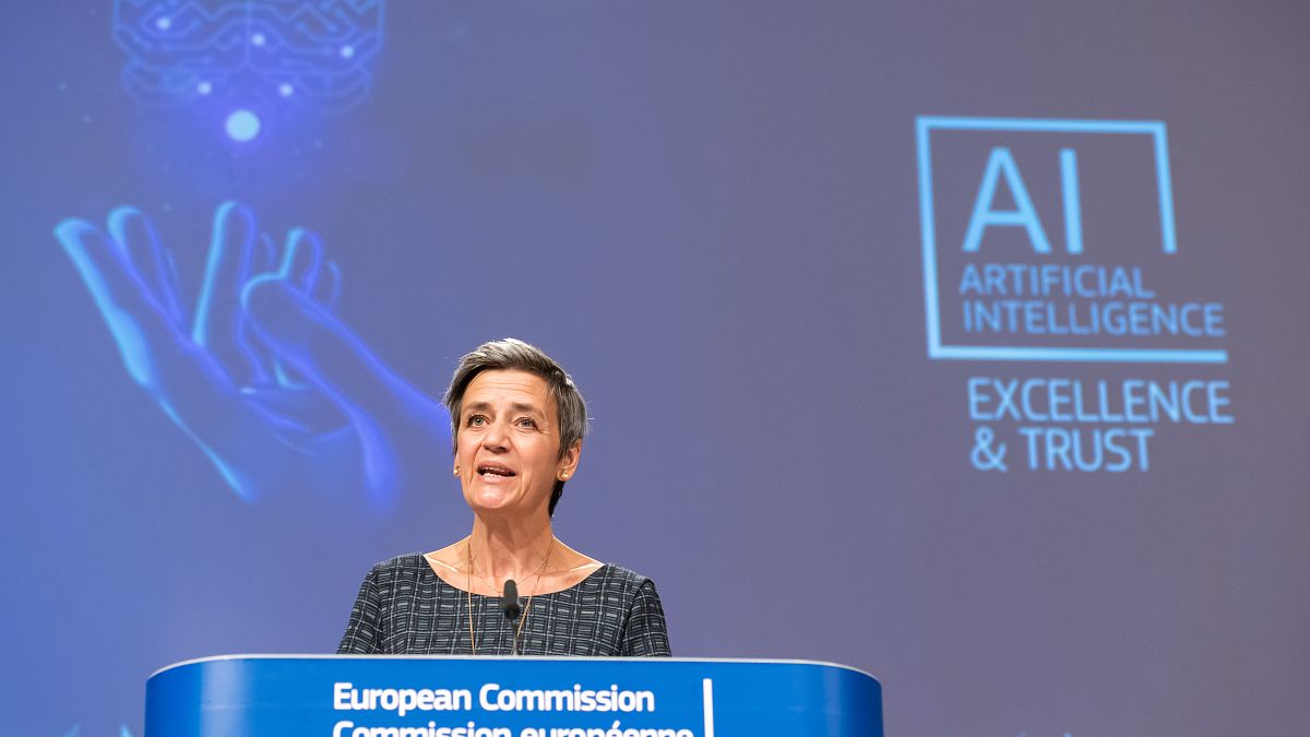 EU Commission president Margrethe Vestager presenting the Commission