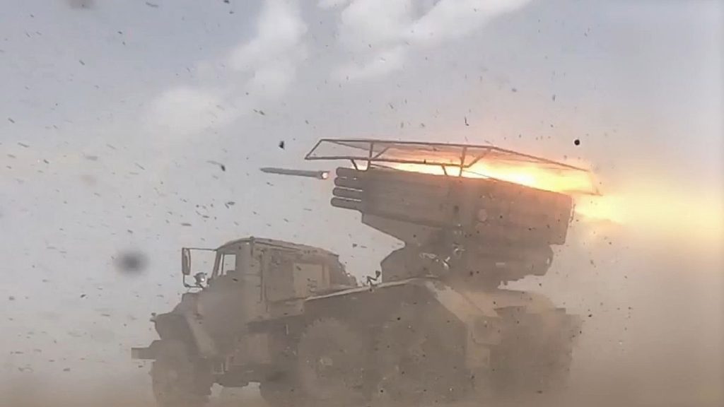 a Russian BM-21 Grad self-propelled 122 mm multiple rocket launcher fires on an undisclosed location in Ukraine.