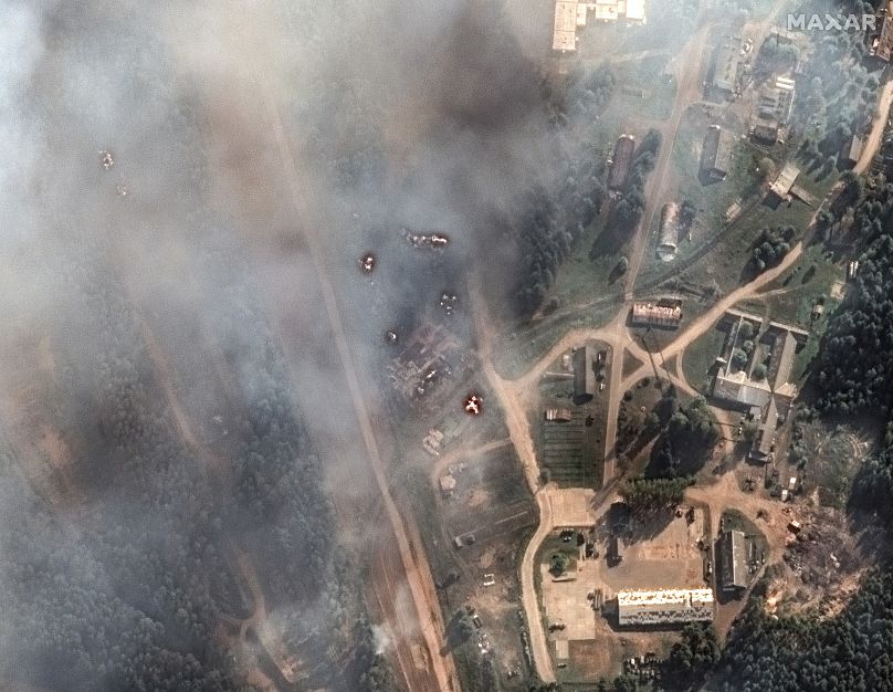 Vue générale des conséquences d'une importante série d'explosions sur un dépôt de munitions à Toropets, en Russie, le mercredi 18 septembre 2024. (Image satellite ©2023 Maxar Technologies)