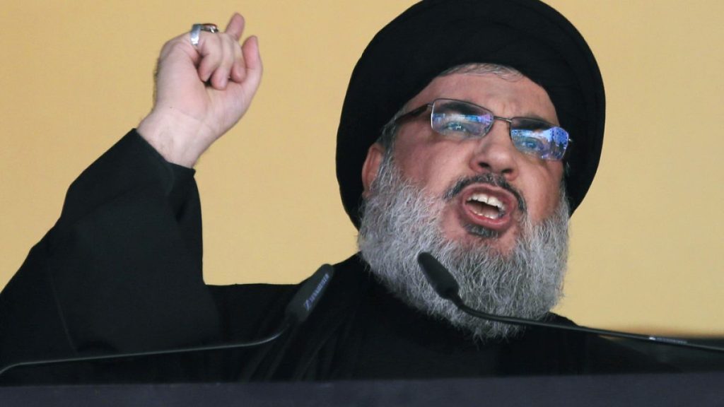 In this Oct. 24, 2015 file photo, Hezbollah leader Sheik Hassan Nasrallah addresses a crowd during the holy day of Ashoura, in a southern suburb of Beirut, Lebanon.