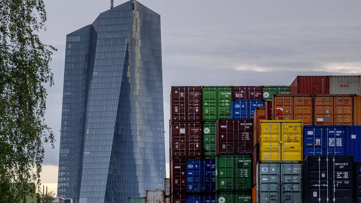 The European Central Bank is pictured next to containers in Frankfurt,