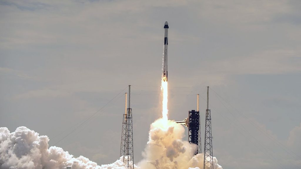 A SpaceX Falcon 9 rocket with a crew of two lifts off from launch the Cape Canaveral Space Force Station, September 28, 2024