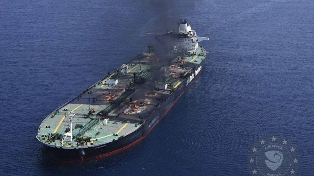 FILE - Greek-flagged oil tanker Sounion burning in the Red Sea following a series of attacks by Yemen