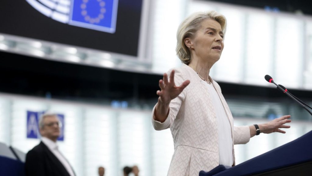 European Commission President Ursula von der Leyen addresses the plenary at the European Parliament in Strasbourg, 18 July 2024