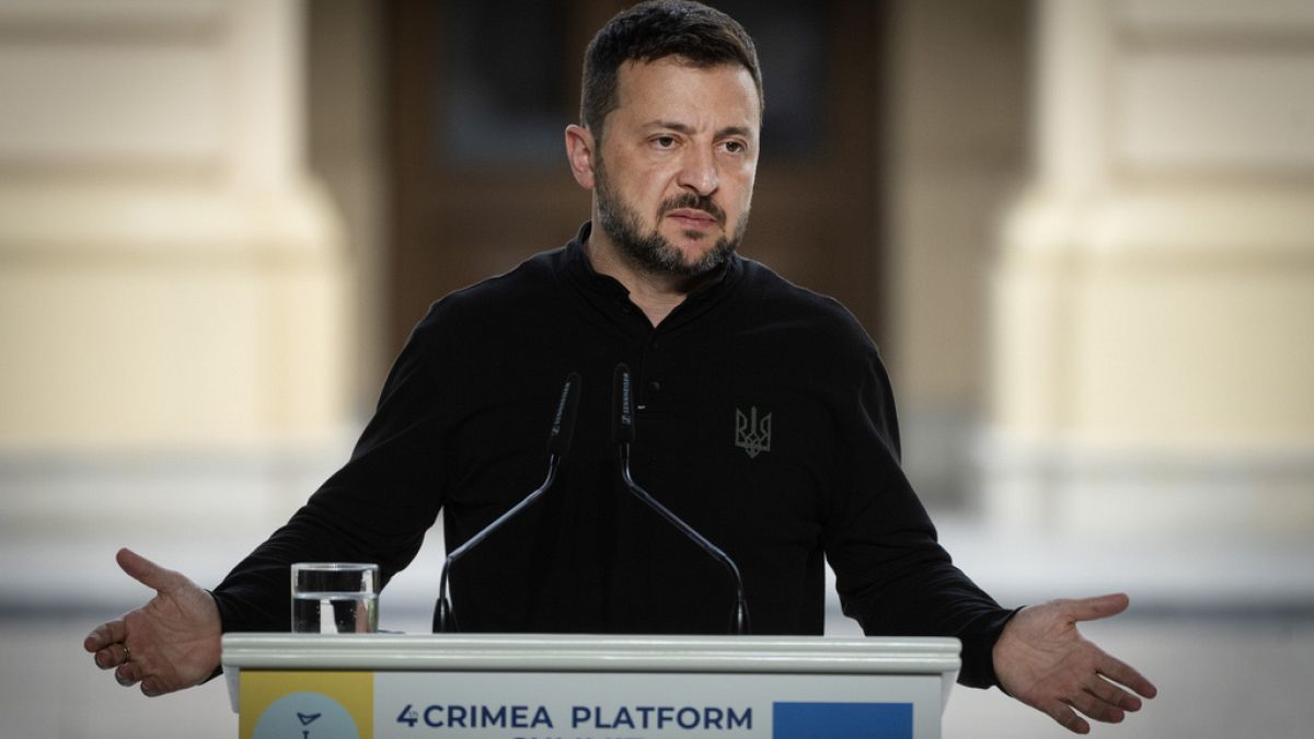 Ukrainian President Volodymyr Zelenskyy attends a joint press conference during the Crimea Platform summit in Kyiv, Ukraine, Wednesday, Sept. 11, 2024.