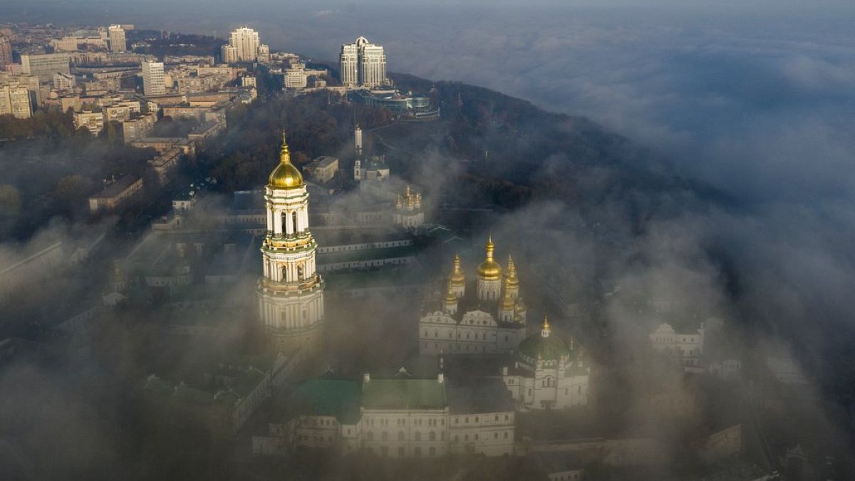 an aerial photo of the thousand-year-old Monastery of Caves, also known as Kiev Pechersk Lavra, the holiest site of Eastern Orthodox Christians